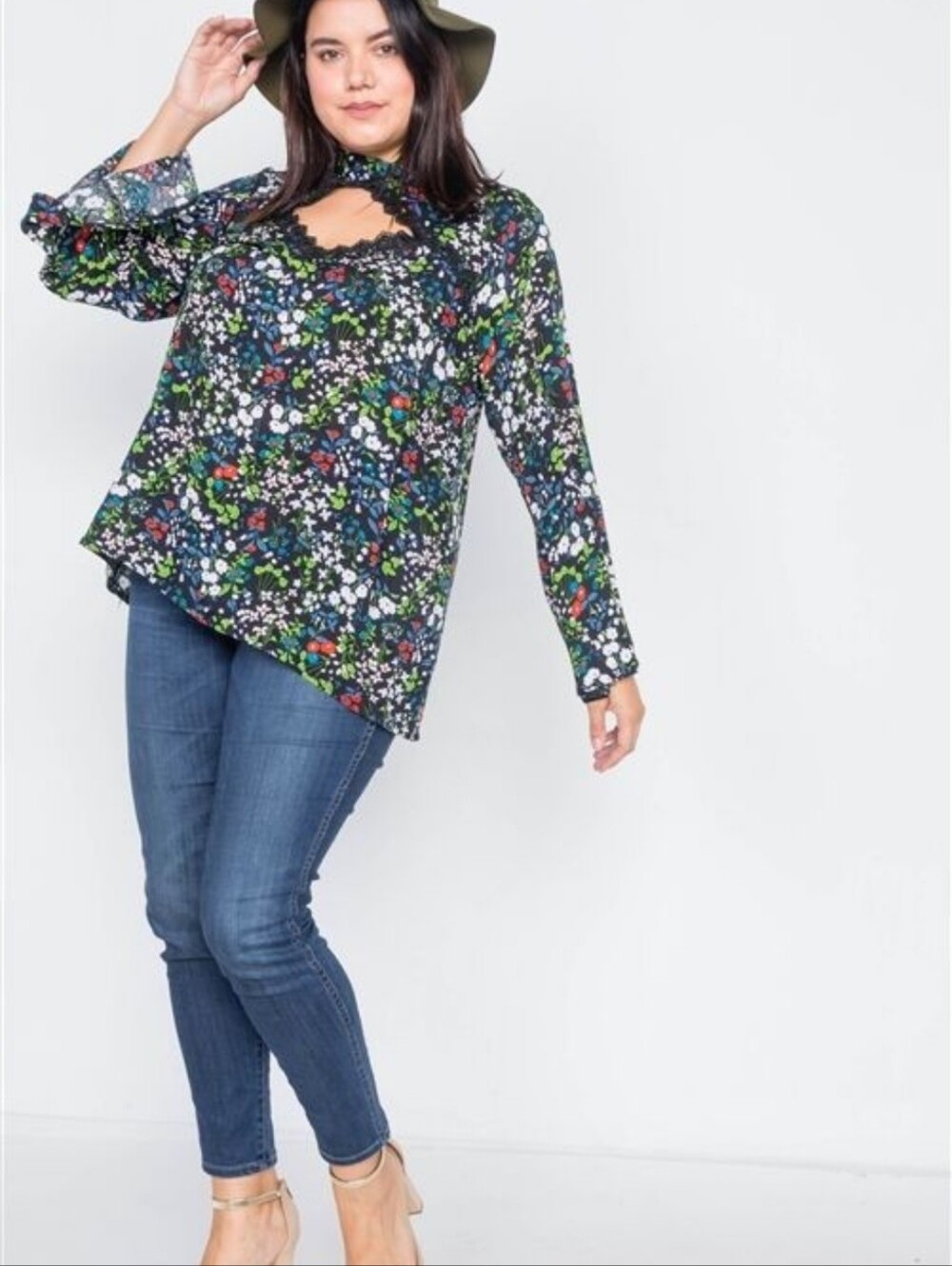Keyhole Floral Long-Sleeve Blouse - Black Multi